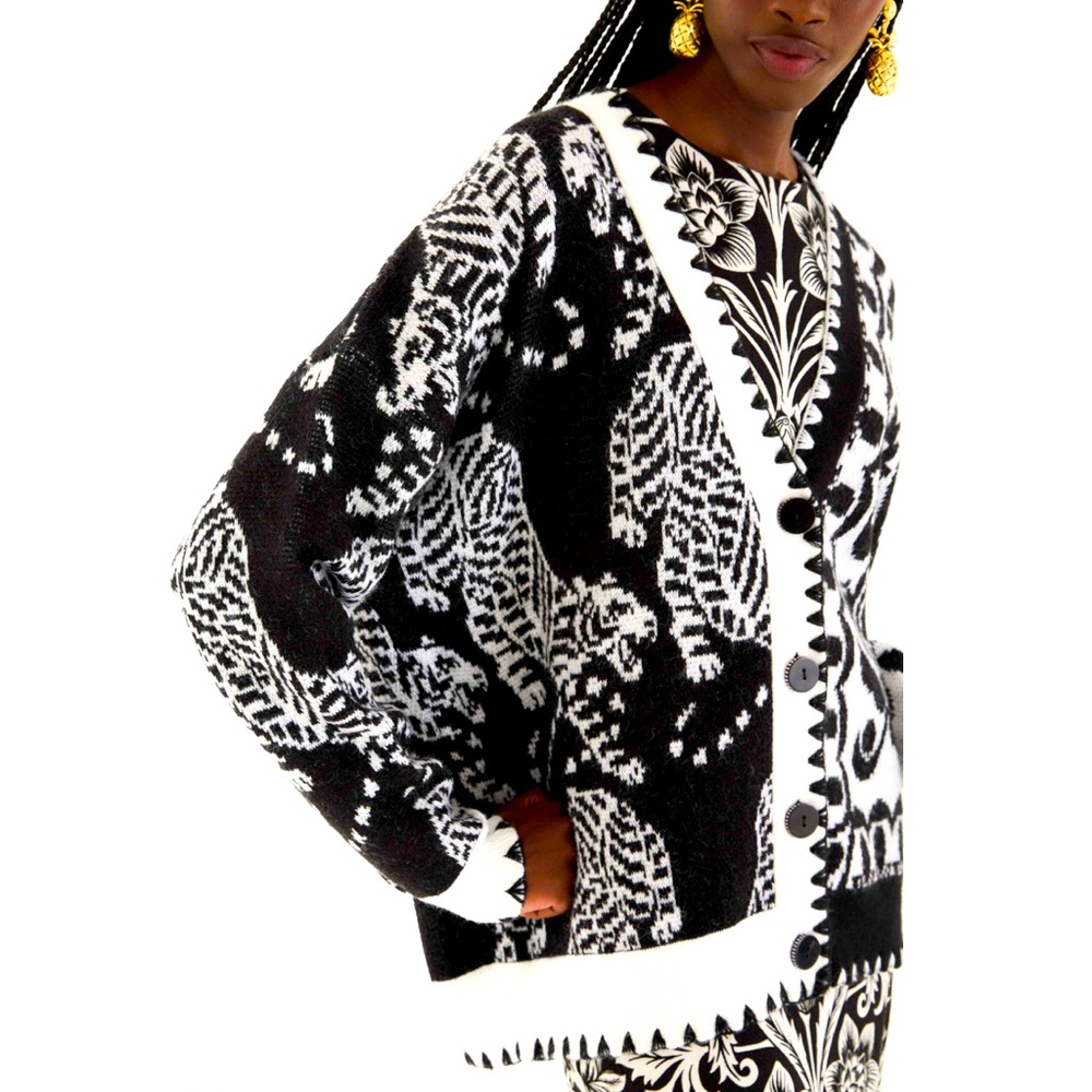 FARM Rio Black & White Mixed Striped Tigers Buttoned Knit Cardigan in Small NWT - Picture 10 of 13